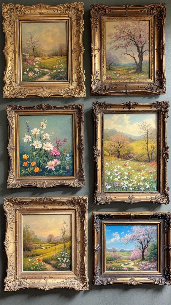 Antique picture frames displaying beautiful nature scenes