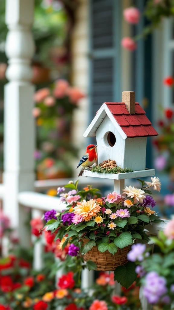 A colorful birdhouse on a porch with vibrant flower baskets, showcasing spring decor.