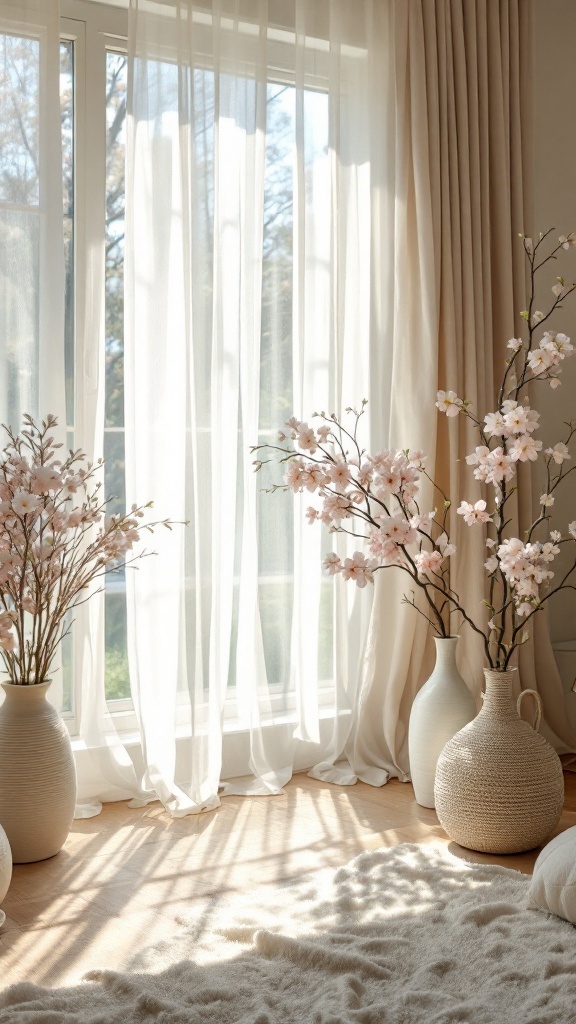Light sheer curtains draping by a window with floral arrangements in vases