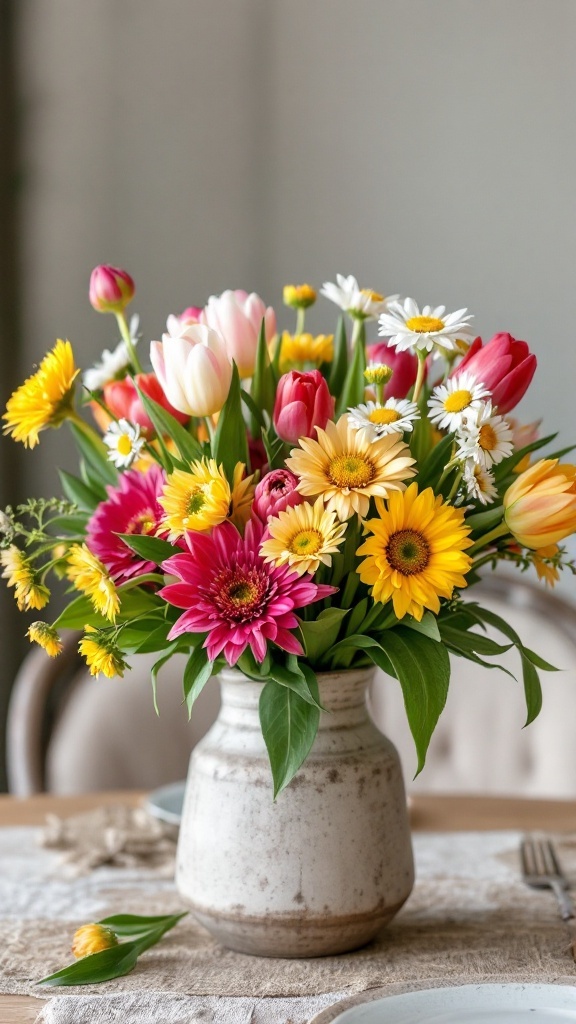A vibrant floral centerpiece with tulips, daisies, and gerbera daisies in a rustic vase.