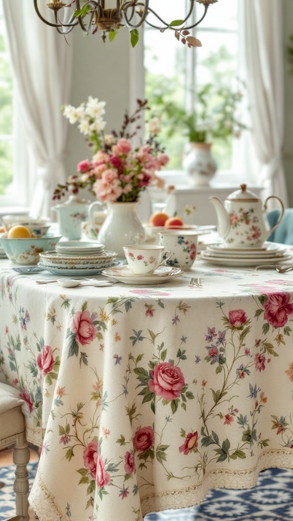 A dining table with a floral tablecloth, white china teapots, and a vase of flowers, creating a charming spring decor atmosphere.