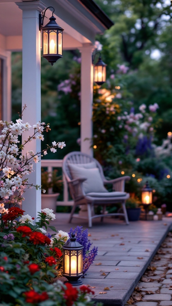 Charming front porch decorated with garden lanterns and spring flowers.