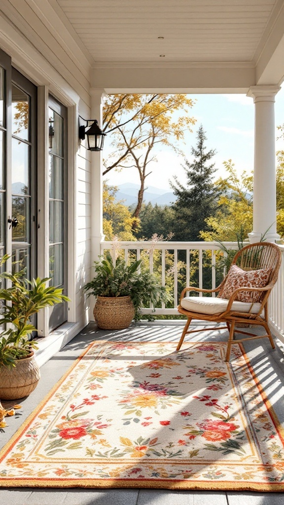 A sunny front porch with a floral outdoor rug, chair, and plants, showcasing chic spring decor.
