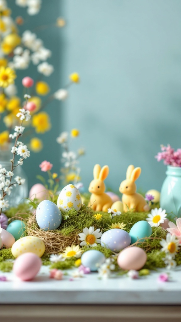 Colorful Easter decor featuring pastel eggs, daisies, and playful bunnies on a soft green background.