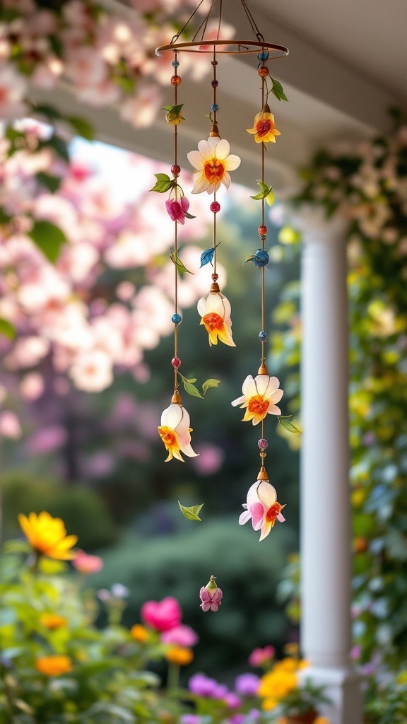 Colorful wind chimes hanging on a porch, surrounded by lush greenery and flowers
