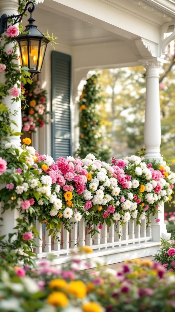 Spring front porch decorated with colorful flowers and garlands