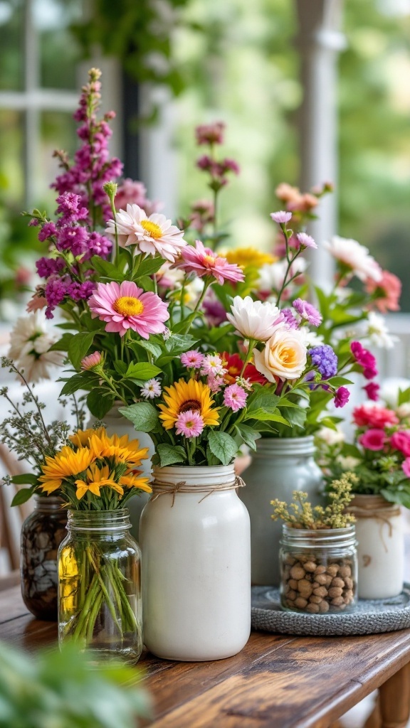 A collection of colorful flowers arranged in various decorative jars on a wooden table, creating a vibrant spring front porch decor.