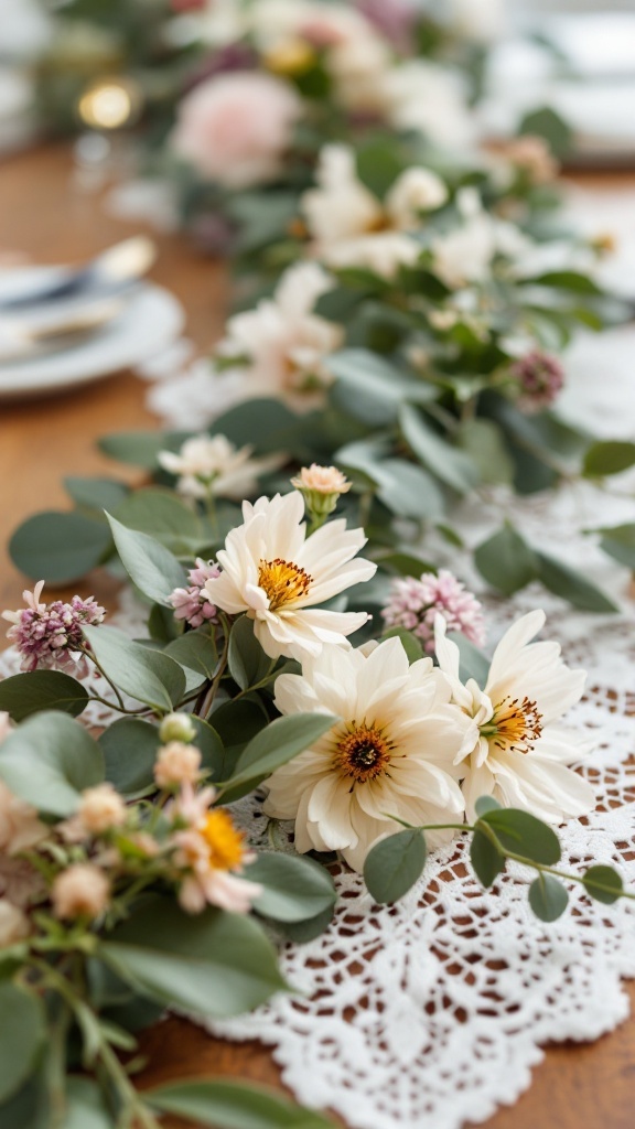 A soft, light background with delicate lace and pink roses, symbolizing vintage spring decor.