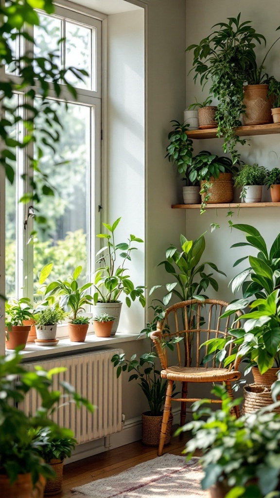 Cozy indoor space filled with various green plants and a wicker chair.