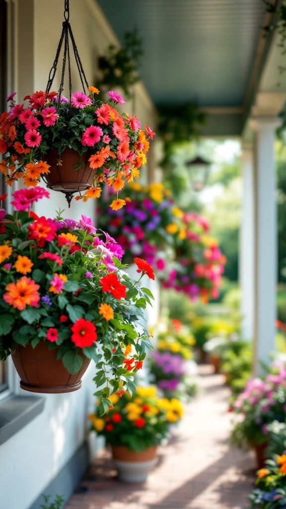 Hanging planters filled with colorful flowers on a spring porch