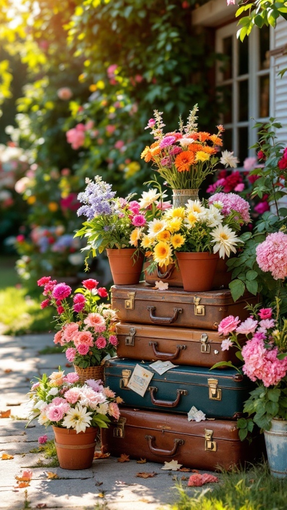 A collection of vintage suitcases stacked and filled with colorful flower pots in a garden setting.
