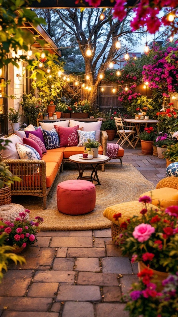 Cozy outdoor patio with orange cushions, string lights, and potted plants