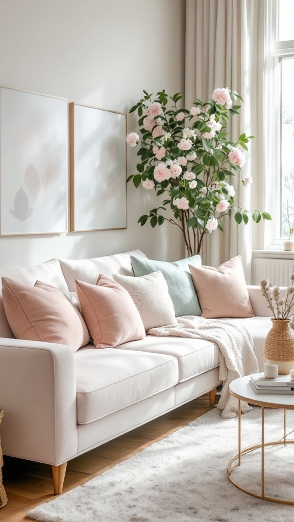 A cozy living room featuring pastel colors, including pink pillows and a cherry blossom branch.
