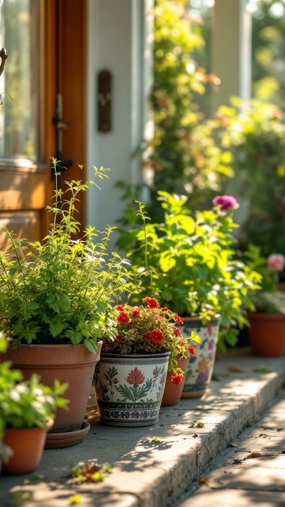 A collection of potted herbs in various decorative pots on a front porch.