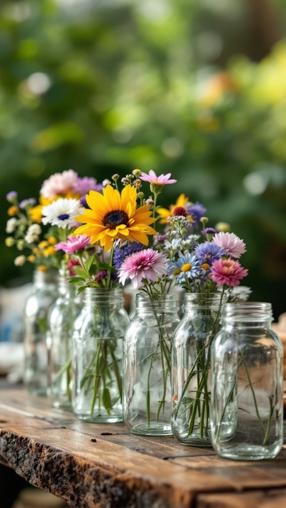 A collection of glass jars filled with colorful flowers including sunflowers and daisies.
