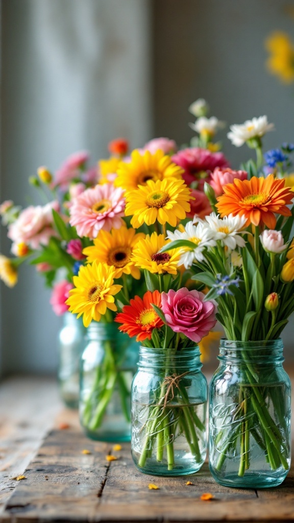 Colorful flowers arranged in repurposed Mason jars on a wooden surface