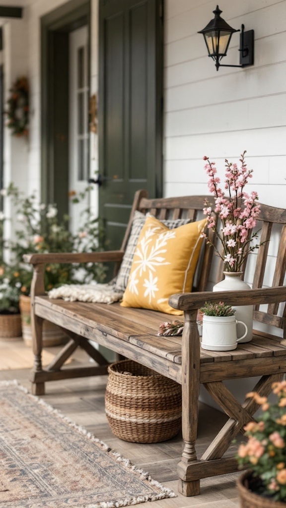 A rustic front porch with a wooden bench, cushions, and potted plants, creating a cozy spring atmosphere.