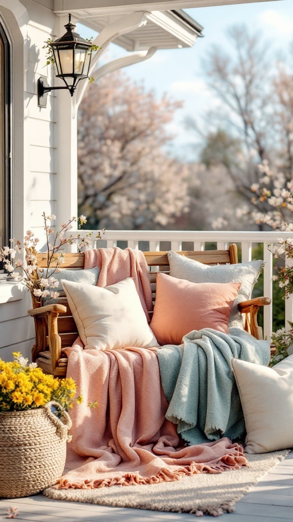 A cozy spring front porch featuring a bench with pastel pillows and throws, a flower basket, and a beautiful view.