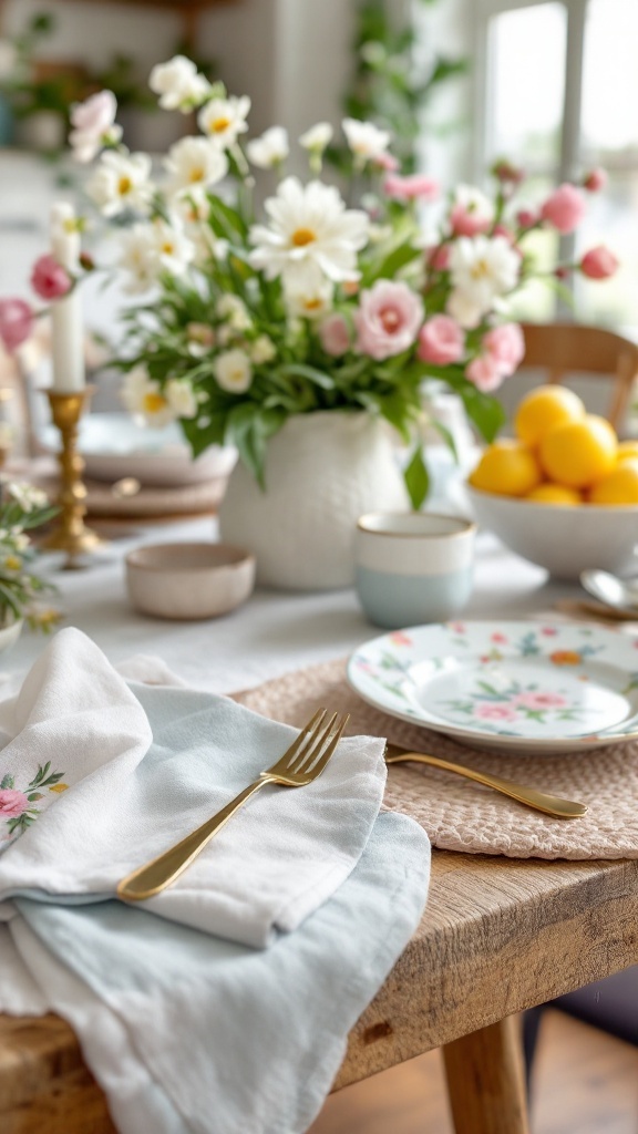 A spring-themed table setting with floral plates, soft peach napkins, and a vase of flowers.