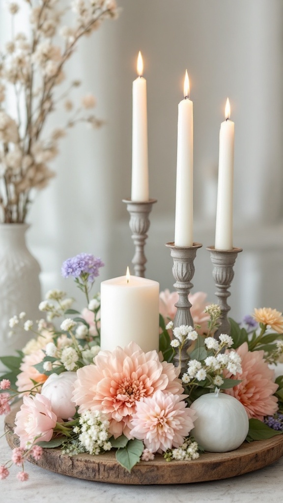 Soft pastel colored candles arranged with flowers on a tray