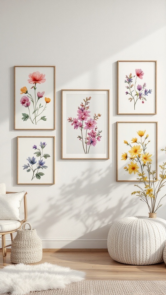 Wall with spring-themed floral art framed in light wood, featuring various colorful flowers in a cozy room setting.