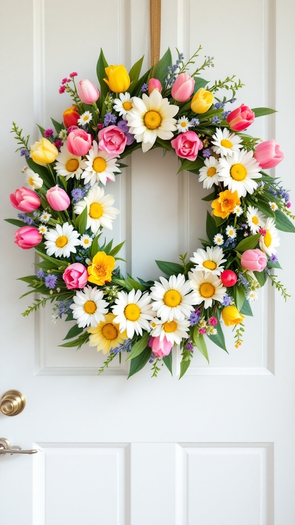 A vibrant floral wreath featuring colorful flowers on a white door, enhancing spring front porch decor.