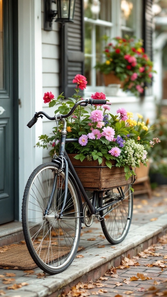 A vintage bicycle with a planter full of colorful flowers on a front porch