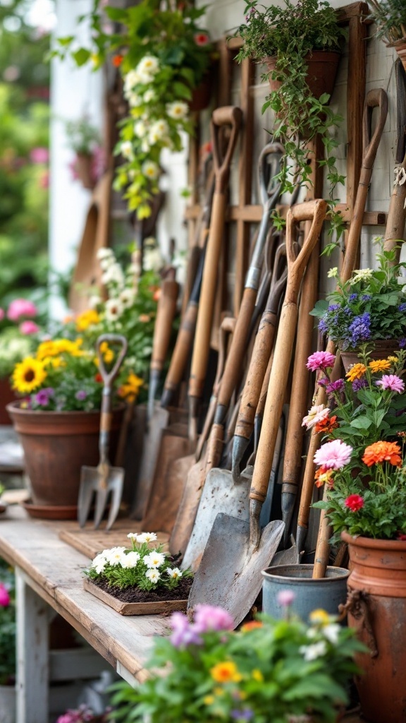 Vintage garden tools with colorful flowers in pots