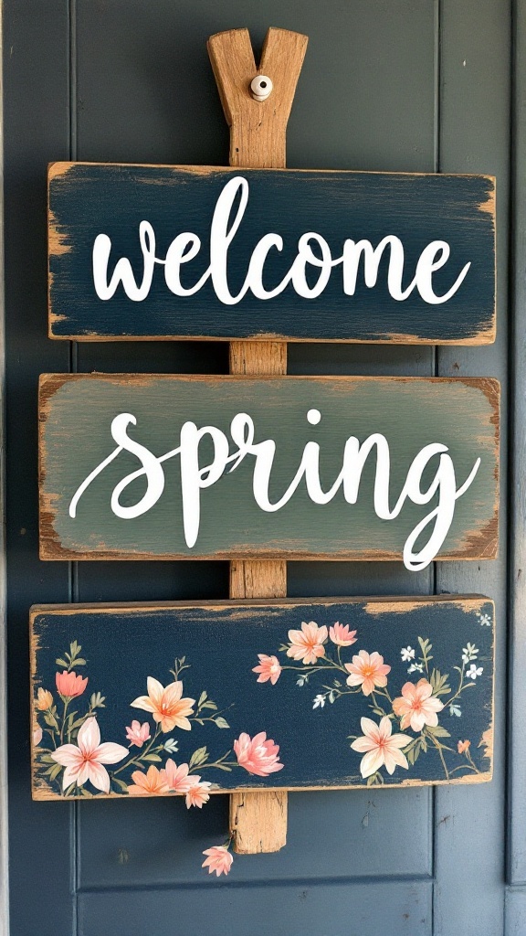 Weathered wooden signs with spring quotes among colorful flowers