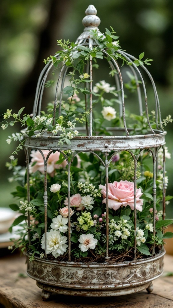 A vintage birdcage filled with vibrant flowers and greenery, surrounded by lush foliage.