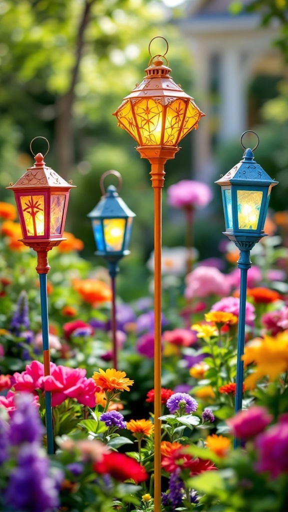 A whimsical garden path lined with colorful flowers and lanterns