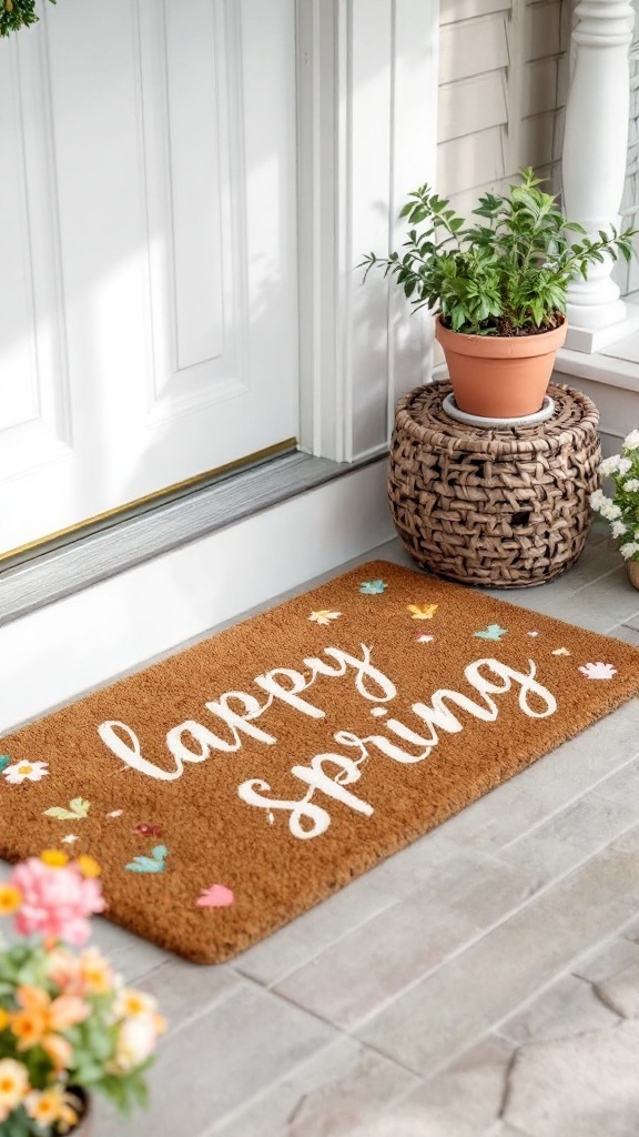 A spring front porch featuring a welcome mat, colorful flowers, and a green door adorned with a floral wreath.